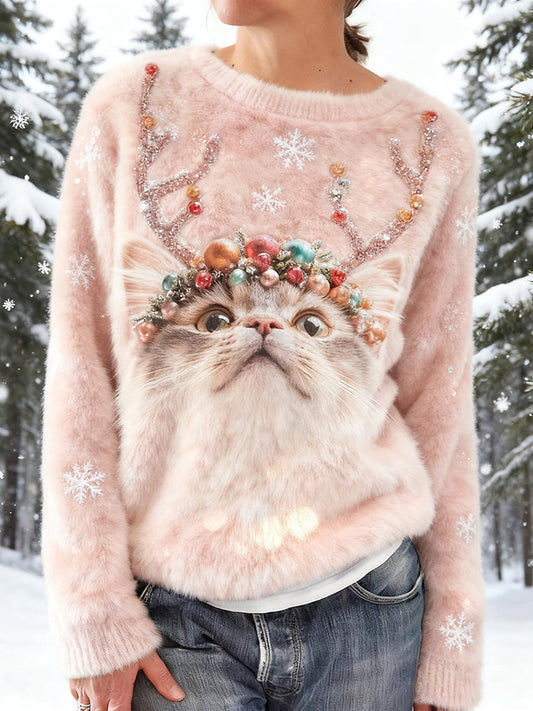 Comstylish Cute Christmas Cat Pattern Cozy Plush Sweatshirt