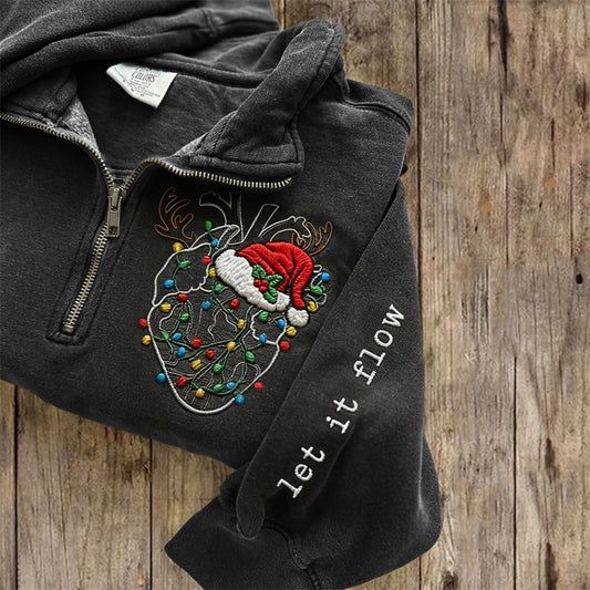 Comstylish Funny Christmas Heart Let It Flow Embroidered Zip Up Sweatshirt
