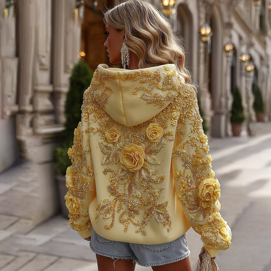 Women's Classic Bohemian Yellow Floral And Gold Roses Embroidery Art Long Sleeve Hoodie