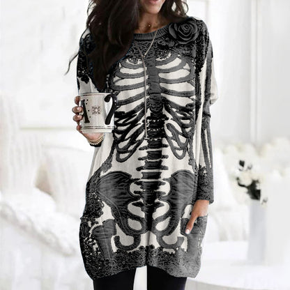 Comstylish Comstylish Women's Halloween Skeleton Bones With Rose Art Cozy Knit Turtleneck Mini Sweater Dress