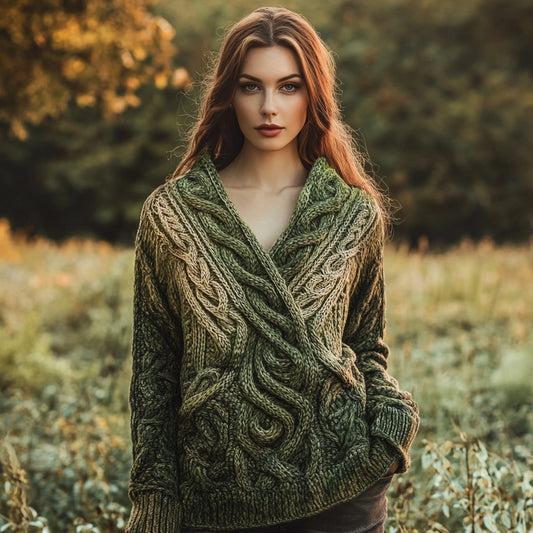 Women's Vintage Celtic Intricate Knot Jacquard V Neck Sweater