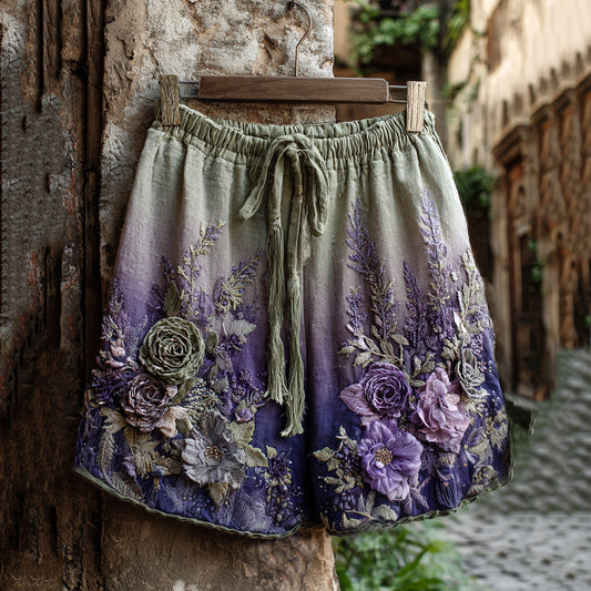 Vintage Classy Gradient Purple Lavender And Floral Embroidered Linen Shorts artswardrobe