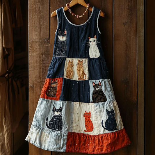 Retro Funny Cat Patchwork Denim Print Dress artswardrobe
