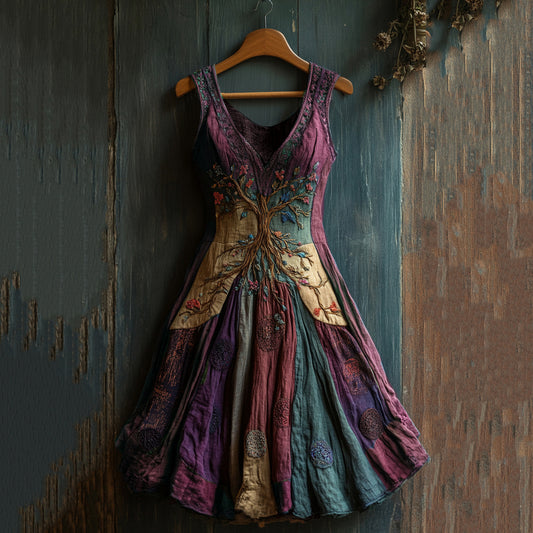 Women's Viking Celtic Knot Art Tree Of Life Patchwork Linen Midi Dress artswardrobe