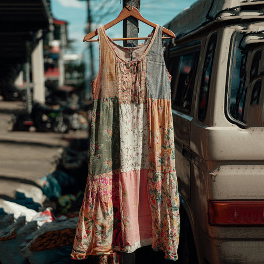 Countryside Style Collection Classy Patchwork Floral Pattern Art Linen Tank Dress