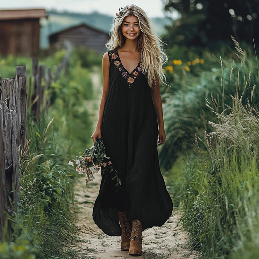 Spring Girl Green Pastoral Style Vintage Bohe Floral Embroidery Art Linen Tank Dress artswardrobe