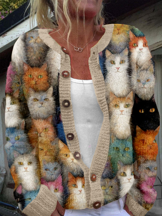 Comstylish Whimsical Crowded Cats Pattern Cozy Knit Sweater