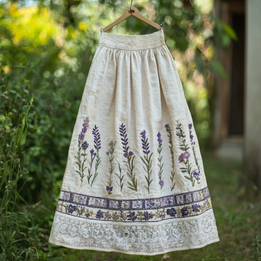 Women's Elegant Lace Flowers Embroidery Art Linen Blend Skirt artswardrobe