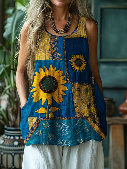 Ethnic Sunflowers Embroidered Patchwork Linen Tank Top artswardrobe
