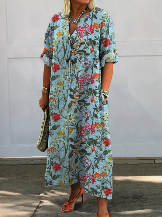 Colorful Summer Floral Pattern Printed Women's Pocket Cotton Dress