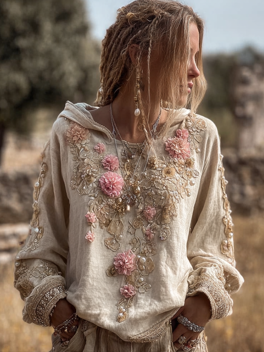 Comstylish Bohemian Style Round Neck Long Sleeve 3d Floral Design Women's Top