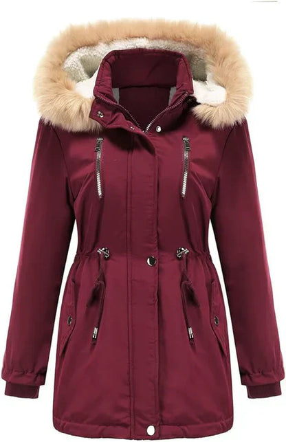 JO | long coat with faux fur hood and fleece lining