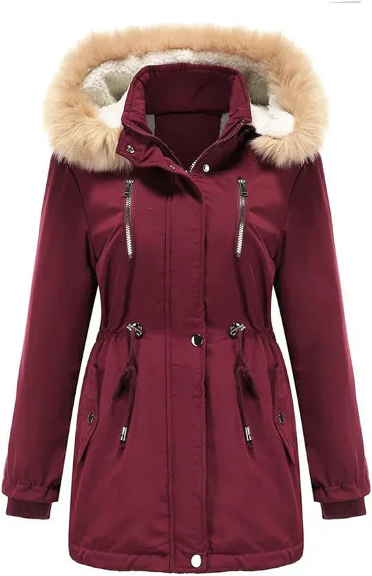 JO | long coat with faux fur hood and fleece lining