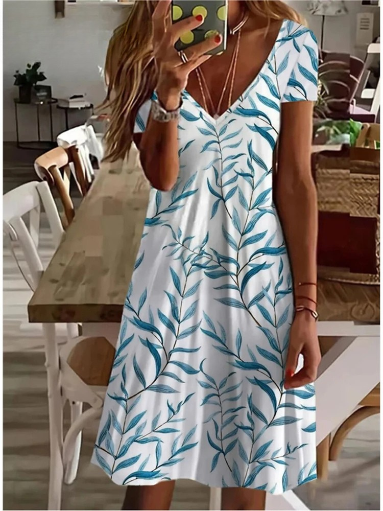 KS | Women's Sundress Midi Dress Short Sleeve Floral Print Summer Casual V Neck Loose Dresses Plus Size 2024 Women's Clothing Vestidos