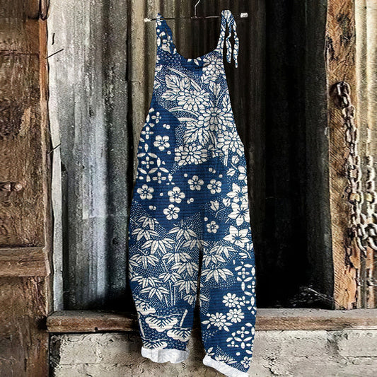 Comstylish Vintage Japanese Art Flower Print Loose Jumpsuit