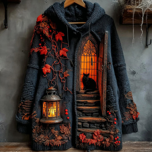Women's Halloween Little House Cat Art Knitted Button Sweater Cardigan elevenforest