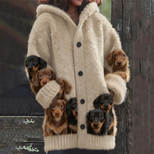 Comstylish Lovely Dachshund Dogs Cozy Knit Hooded Cardigan
