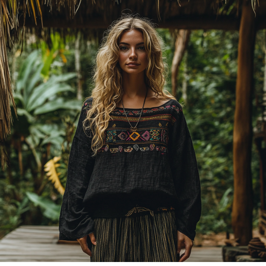 Retro Boho Tribal Art Embroidery Print Cotton And Linen Blend Loose Blouse artswardrobe