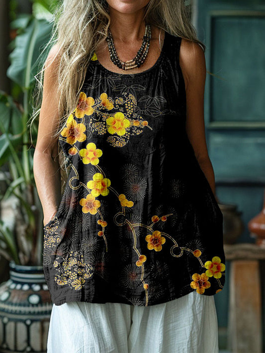 Comstylish Vintage Plum Blossom Art Linen Blend Cozy Tank Top