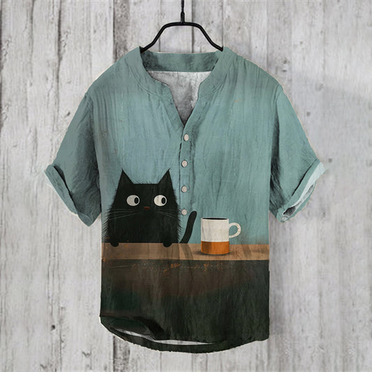 Abstract Creative Japanese Black Cat Coffee Art Linen Blend Shirt elevenforest