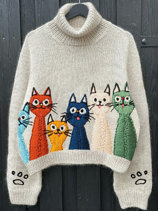 Colorful Cats Embroidery Pattern Cozy Knit Sweater elevenforest