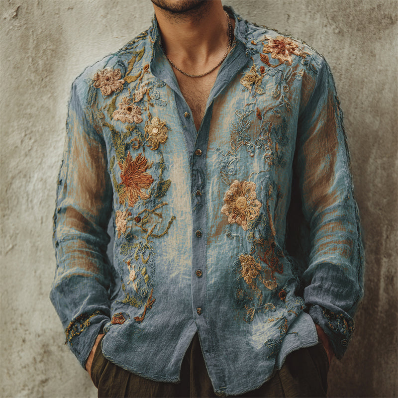 Men's Vintage Boho Floral Embroidered Flowy Linen Shirt artswardrobe