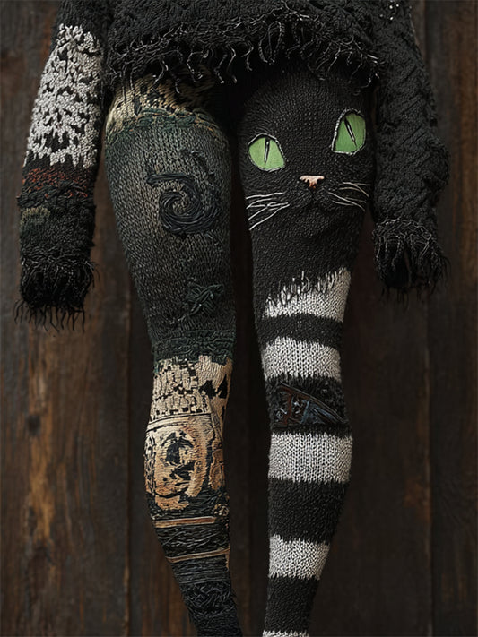 Comstylish Vintage Halloween Black Cat Striped Cozy Knit Leggings