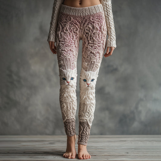 Women's Cute Cat Face Embroidered Gradient Cozy Leggings elevenforest