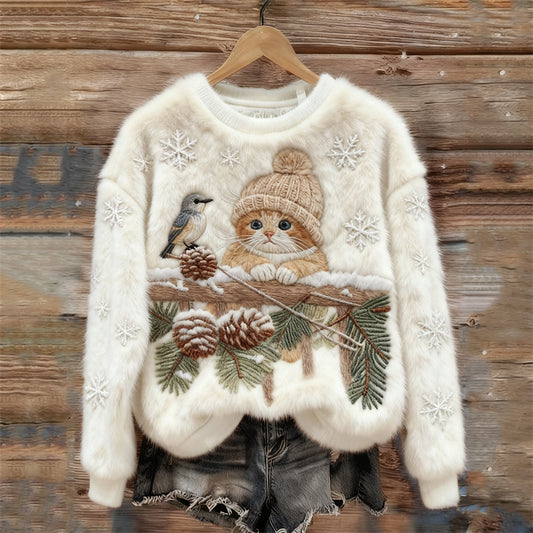 Comstylish Lovely Cat & Bird Christmas Season Embroidered Cozy Plush Sweatshirt