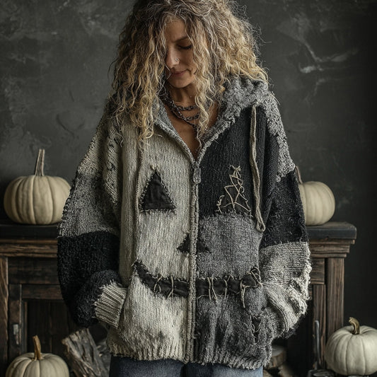 Halloween Pumpkin Face Patchwork Art Cozy Knit Hooded Cardigan artswardrobe