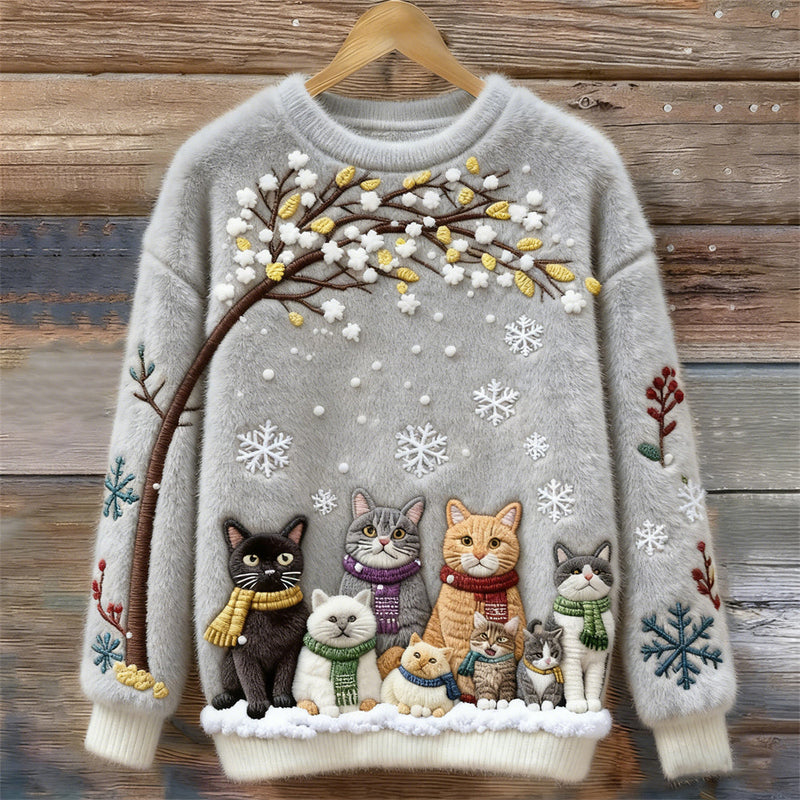 Cotton Sweater with Cats Under Snowy Tree with Scarves