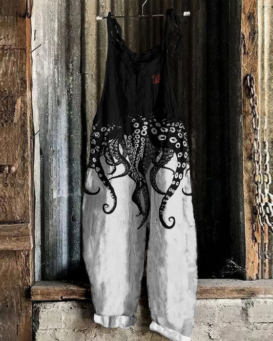 Comstylish Vintage Japanese Art Octopus Legs Print Casual Linen Blend Loose Jumpsuit