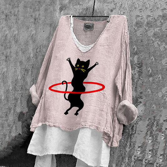 Women's Dancing Cat Art Cotton And Linen V-neck Shirt elevenforest