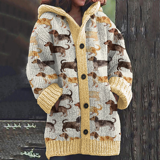 Comstylish Dachshund Print Casual Knitted Hooded Cardigan