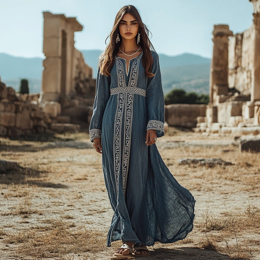 Retro Contrast Color Greek Key Small V Neck Linen Blend Maxi Dress artswardrobe