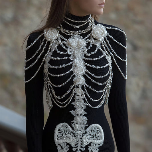 Comstylish Classy White Roses Skeleton Pearls Lace Art Turtleneck Sweater