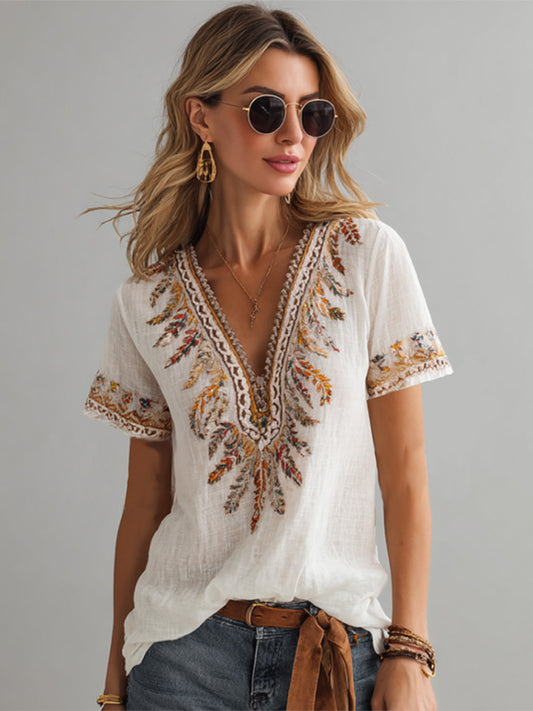 Retro Cotton And Linen Bohemian Style Women's V-neck Short Sleeve artswardrobe