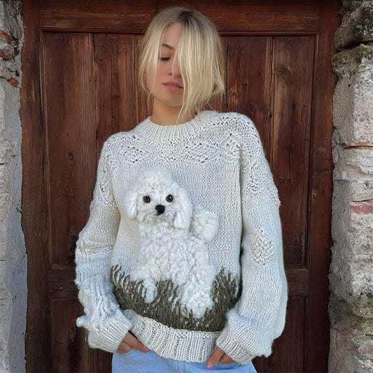 Comstylish Vintage Fuzzy Dog On Grassland Cozy Knit Sweater
