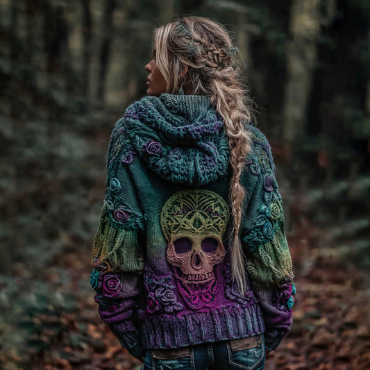 Women's Vintage Viking Skull And Rose Gradient Art Knit Hooded Sweater elevenforest