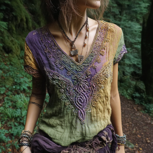 Vintage Viking Celtic Knot Gradient Art Women's Linen V Neck T-shirt artswardrobe