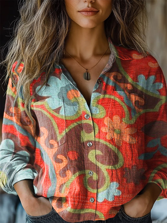 Women's Vintage Flowers Print Casual Long Sleeve Comfortable Cotton Sh