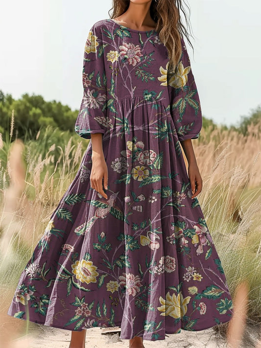 Women's Folk Art Floral Print Flowy Cotton Crew Neck Dress