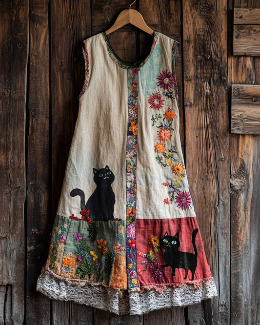 Vintage Cute Black Cat And Patchwork Linen Tank Dress artswardrobe
