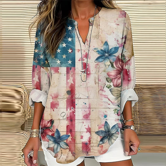 Comstylish Vintage Independence Day Flag Flower Print Long Sleeve Blouses