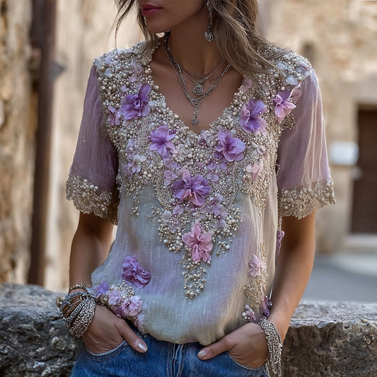 Comstylish Vintage Purple Flowers Embroidered V Neck Linen Shirt