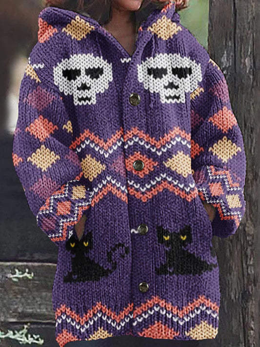 Comstylish Women's Halloween Spooky Cat Embroidery Knitted Cardigan Sweater