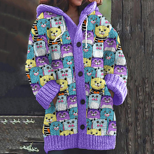 Colorful Cat Print Women's Cardigan Sweater elevenforest