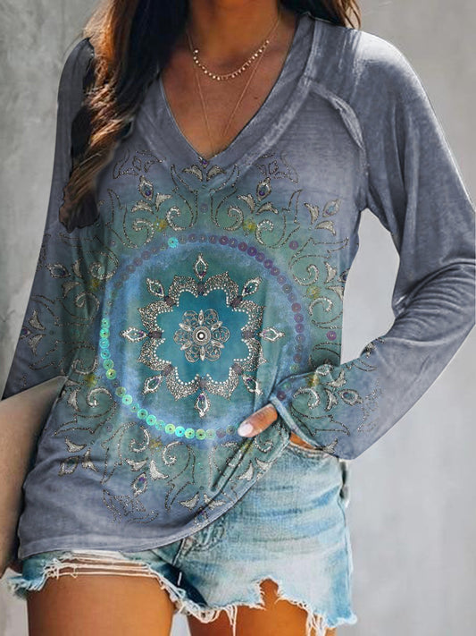 Women's Casual Vintage Ethnic Floral Art Print V Neck Long Sleeve Tops