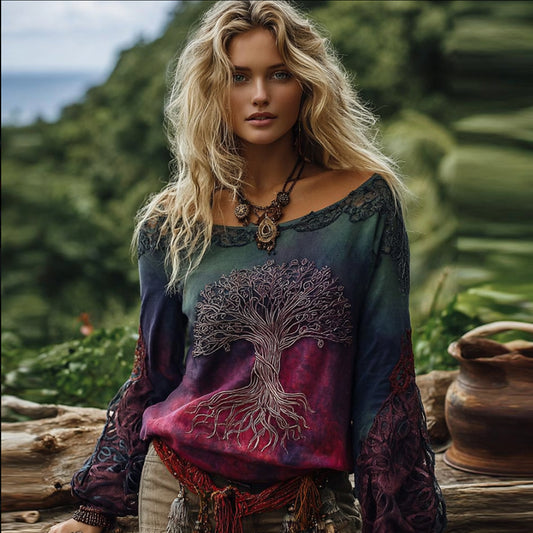 Women's Viking Tree Of Life Retro Long-sleeve Top artswardrobe