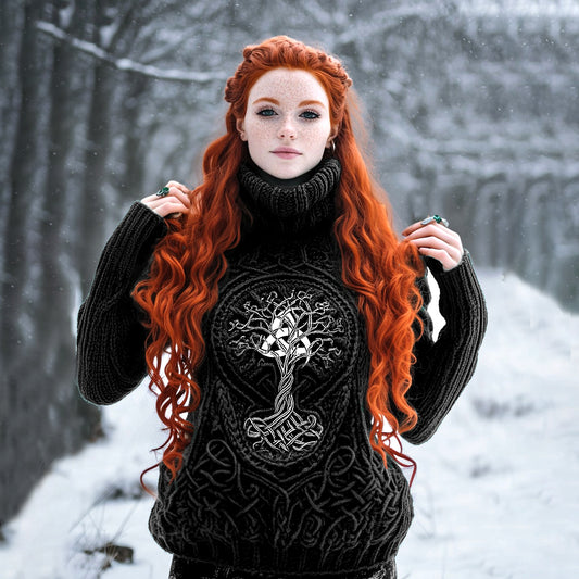Viking Tribal Celtic Tree Of Life Cable Knit Turtleneck Sweater elevenforest